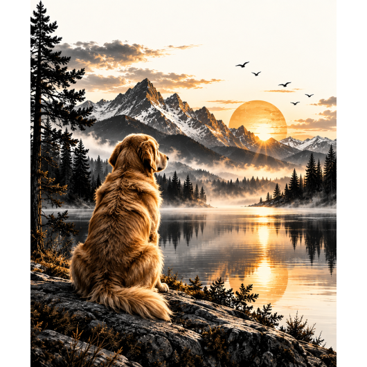 Plakat - Golden Retriever nad górskim jeziorem
