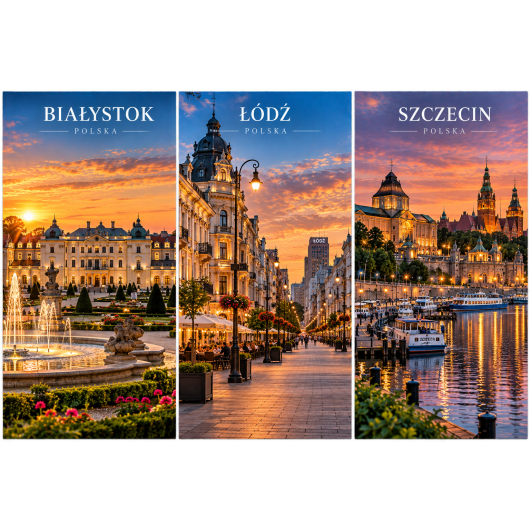 Plakat - Polskie miasta o zachodzie słońca